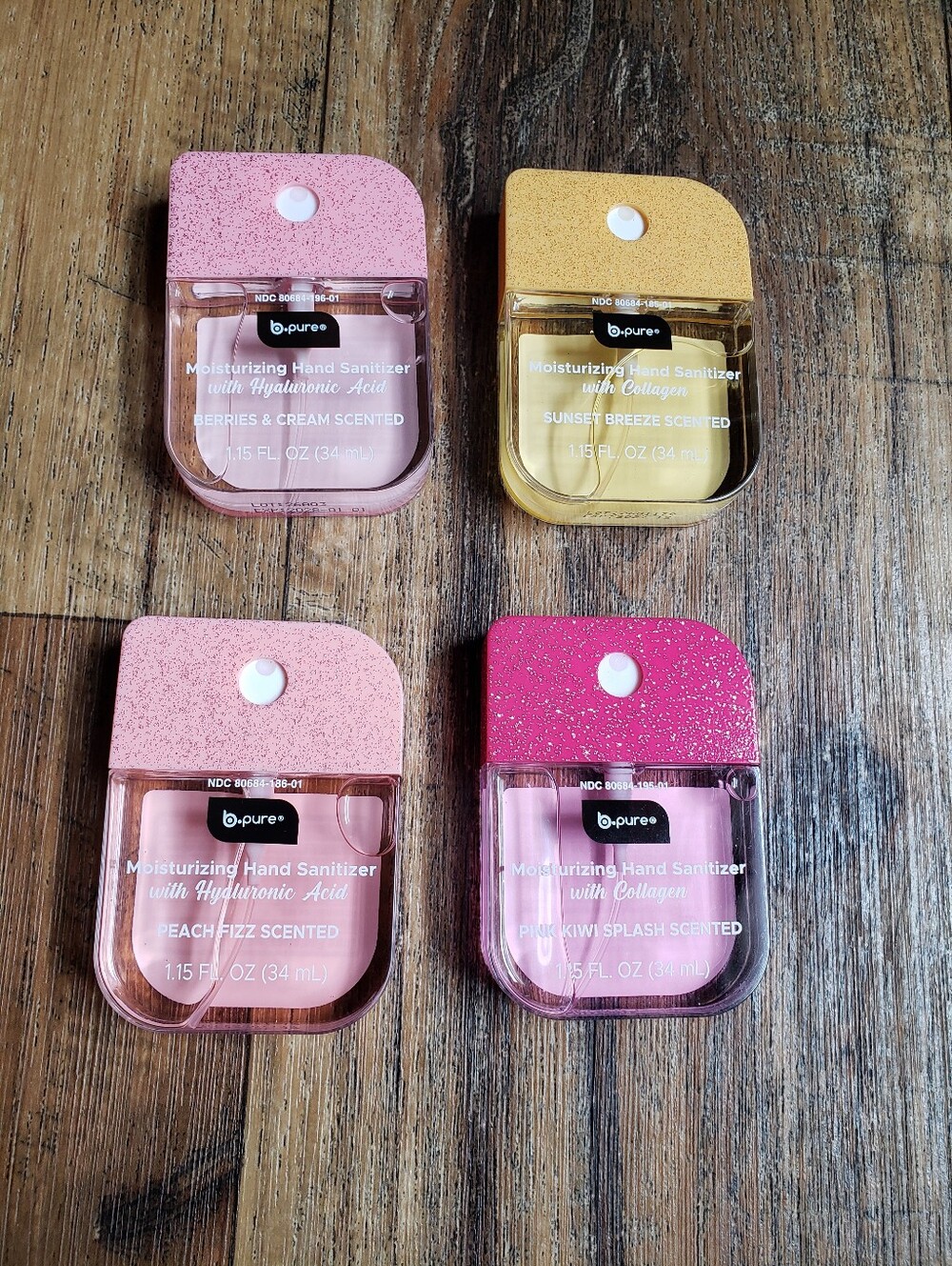 4 B-Pure Hand Sanitizers- Berries & Cream, Peach Fizz, Sunset Breeze, Pink Kiwi